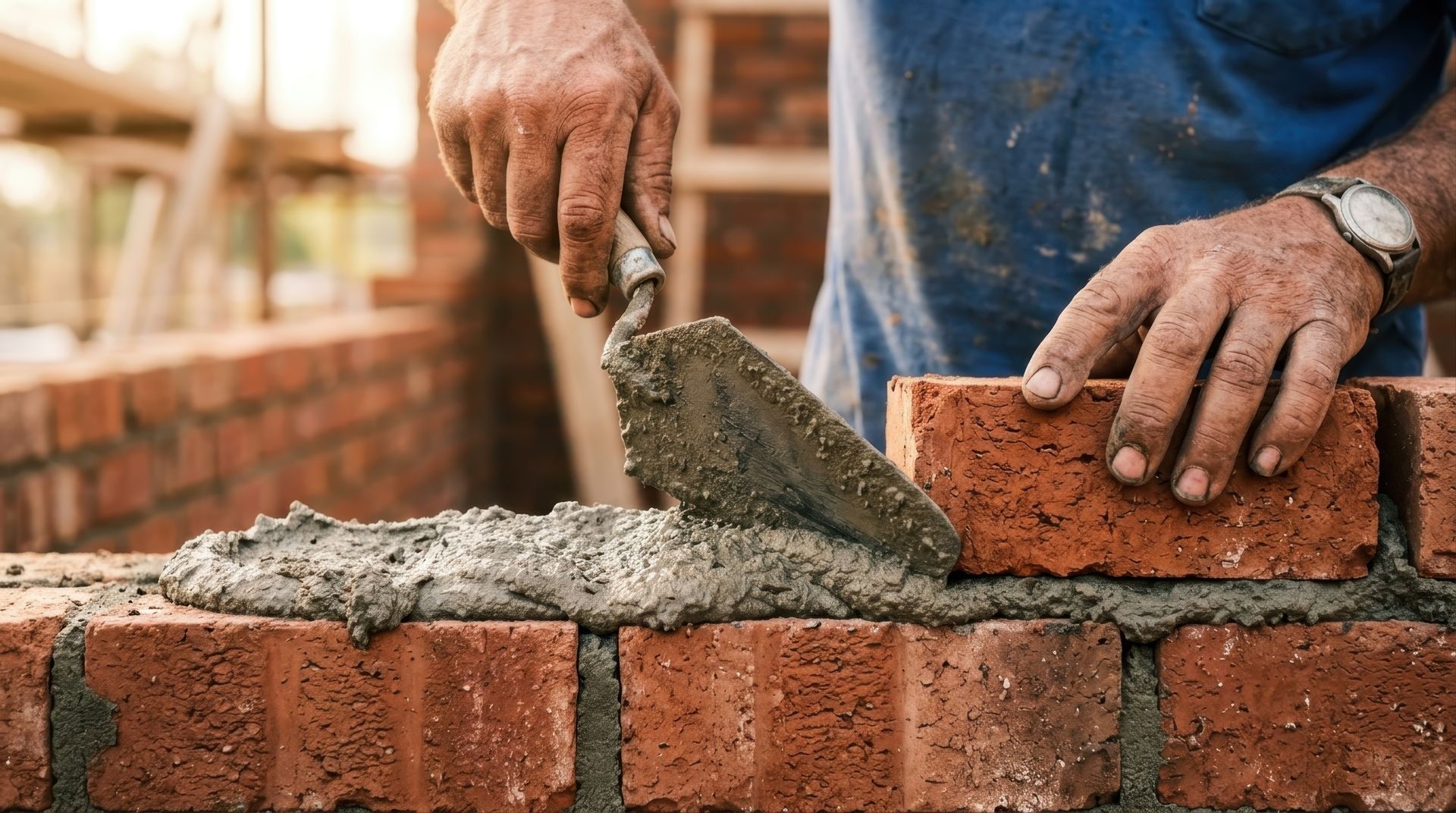 Mason applying mortar while laying a red brick wall during a masonry contractor services project