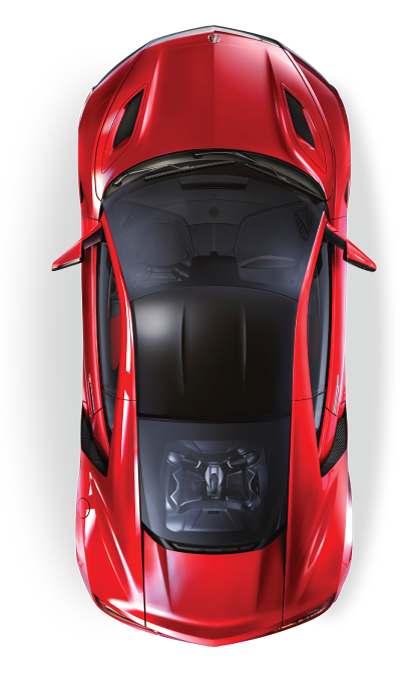 Top-down view of a red sports car with a black roof and dark interior on a white background