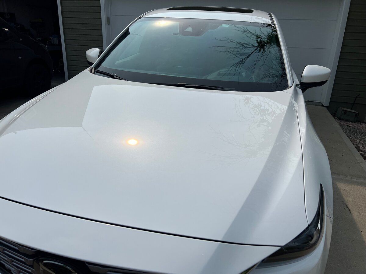 A white car is parked in front of a garage door.