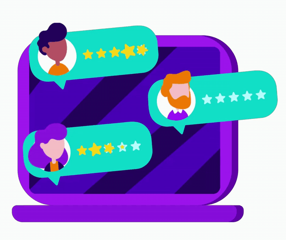 Laptop displaying customer reviews with diverse avatars and star ratings.