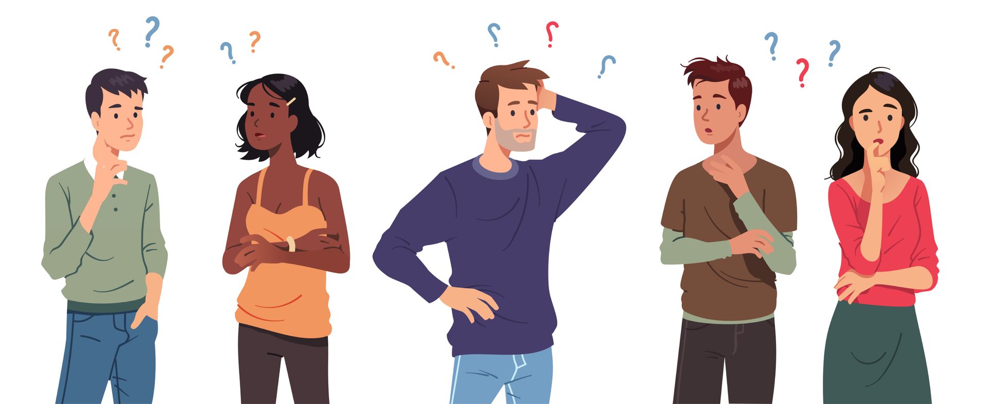 cartoonachtige mannen en vrouwen met vraagtekens boven hun hoofd