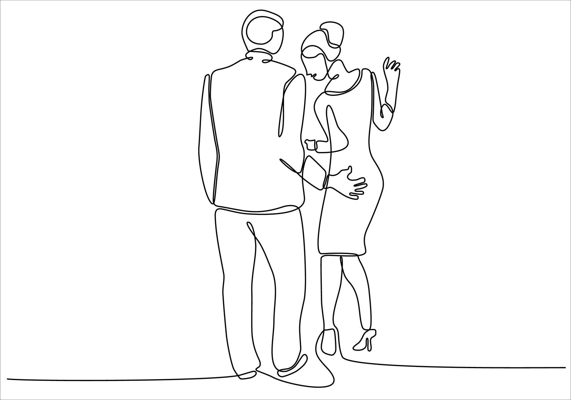 met ononderbroken potloodlijn een man getekend die zijn rechterhand op de linker bil van een vrouw legt