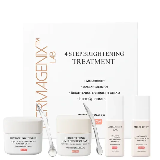 Armagenix Lab 4-step brightening treatment set with white jars and bottles on a white background