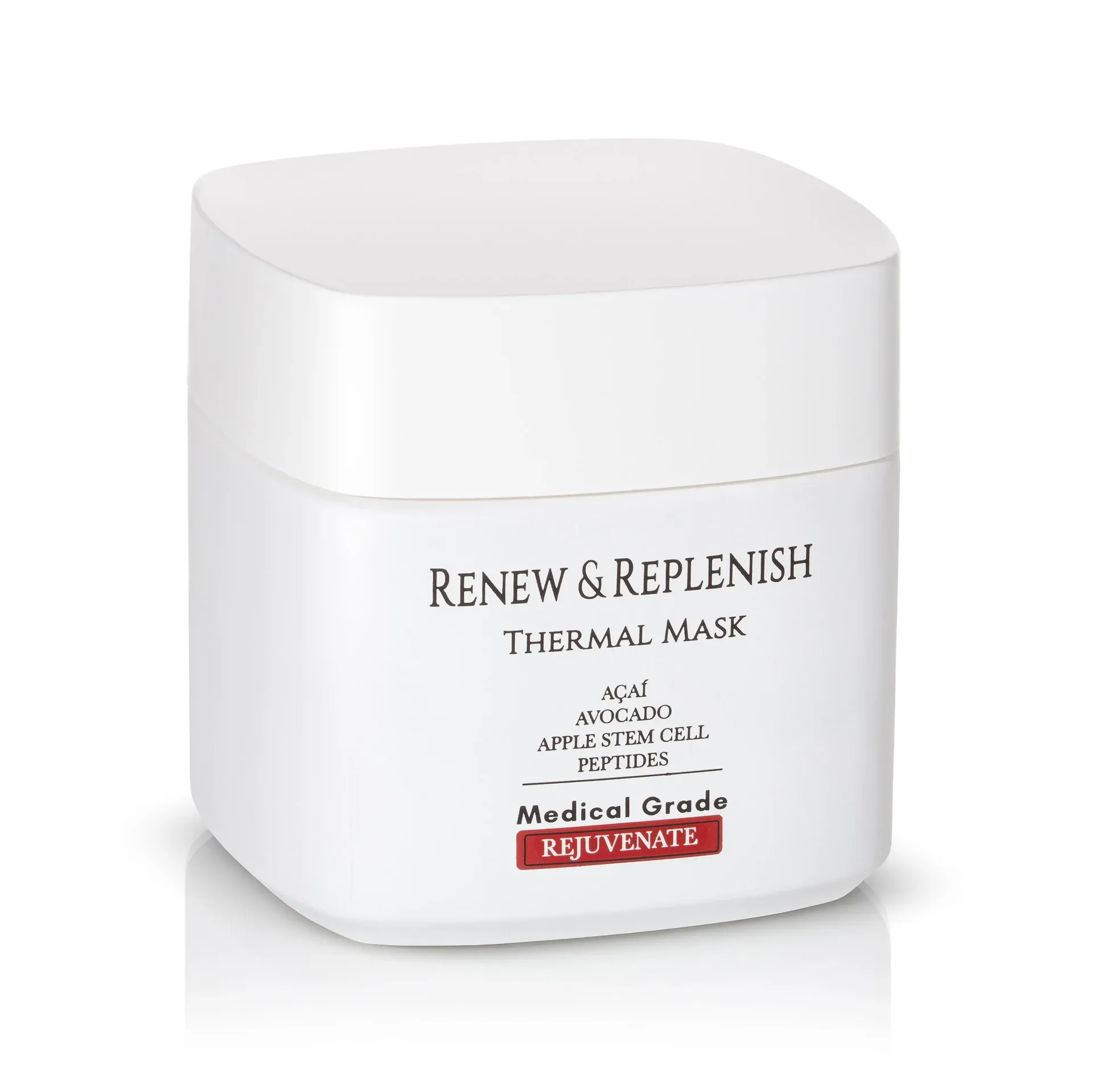 White skincare jar labeled “Renew & Replenish” with a silver lid and red “Medical Grade” badge