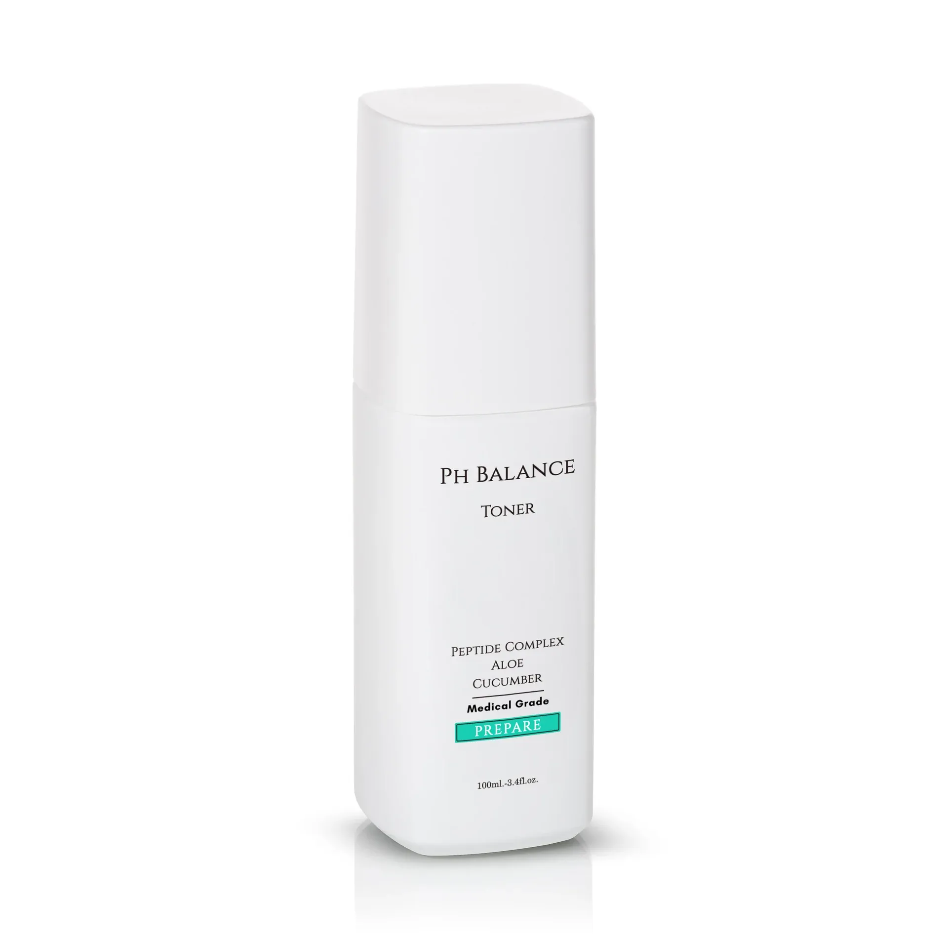 White minimalist pump bottle with black text and a turquoise label on a white background