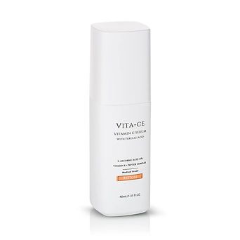 White VITA-CE skincare bottle with minimalist label on a plain background