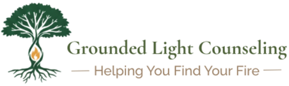Logo of Grounded Light Counseling: A tree with roots, flame center, and text,
