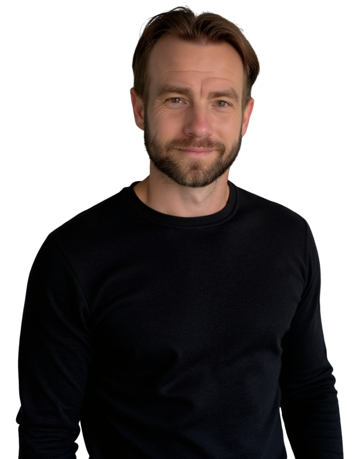 Man with a beard in a black shirt, looking at the camera. White background.