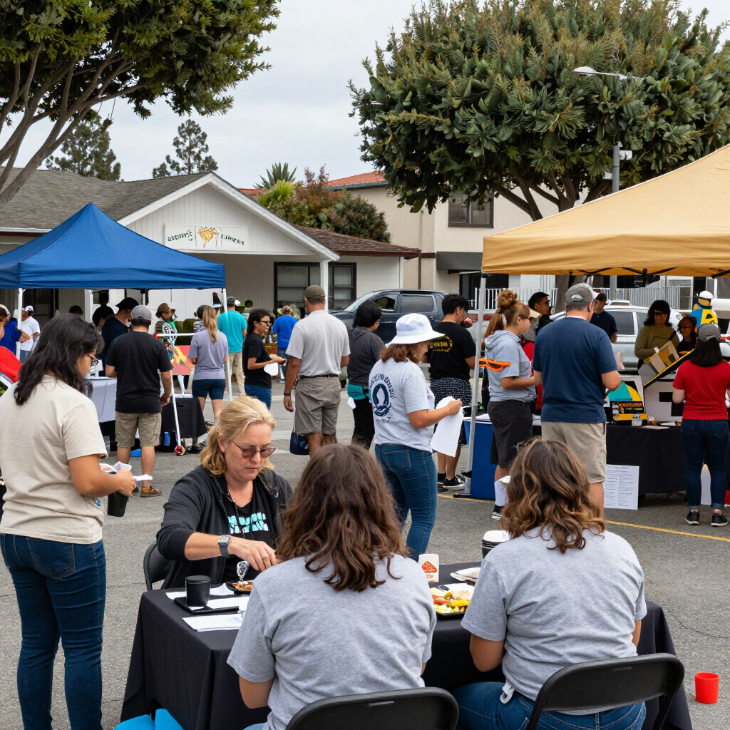Crowd at an outdoor community market with blue and tan tents and people browsing tables