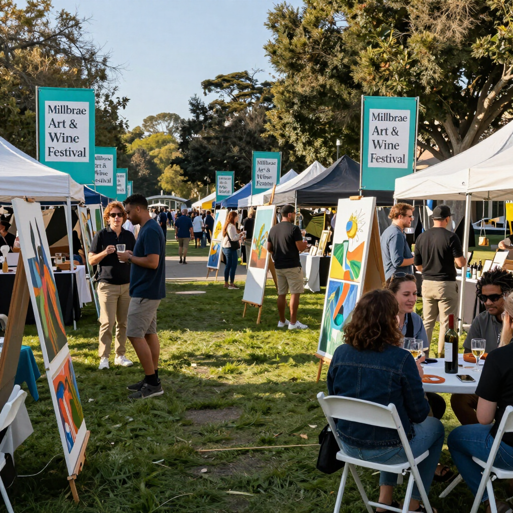 Outdoor art and wine festival with booths, easels, and people browsing on a sunny lawn.