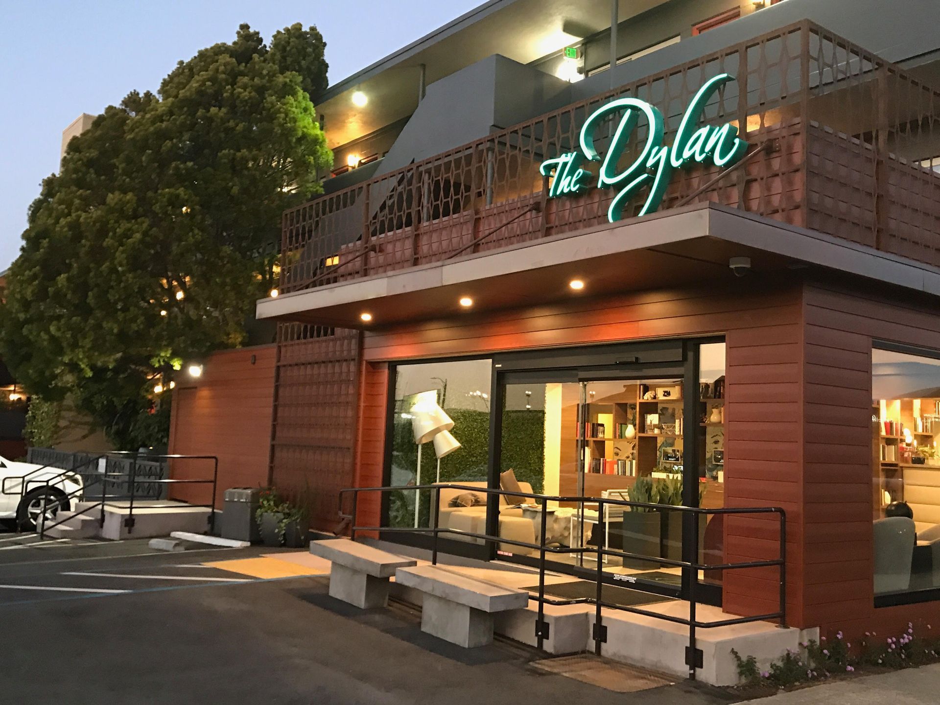 The exterior of The Dylan Hotel at SFO, a mid-century modern building. Fun, chic lobby.
