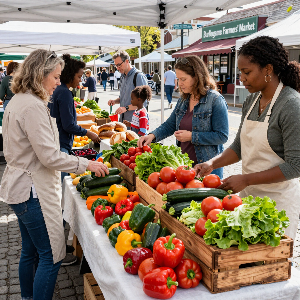 Farmers market stall with shoppers selecting fresh produce under white canopy tents.