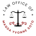 Logo for Law Office of Magda Yvonne Soto with scales of justice and red decorative accents