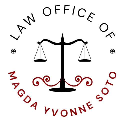 Logo for Law Office of Magda Yvonne Soto with scales of justice and red decorative accents