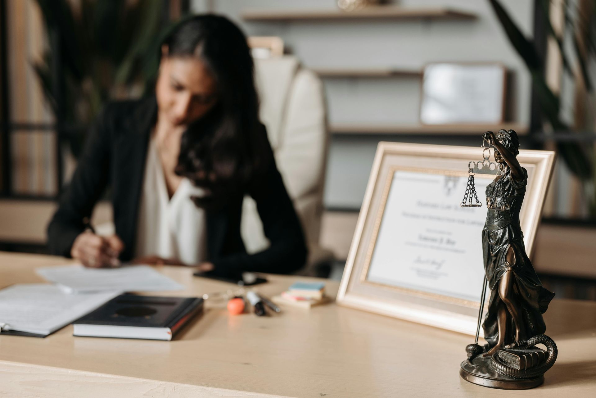 A woman is sitting at a desk in front of a statue of justice.