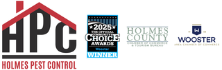 Logos for Holmes Pest Control, 2025 Exceptional Choice Award Winner, Holmes County, and Wooster.