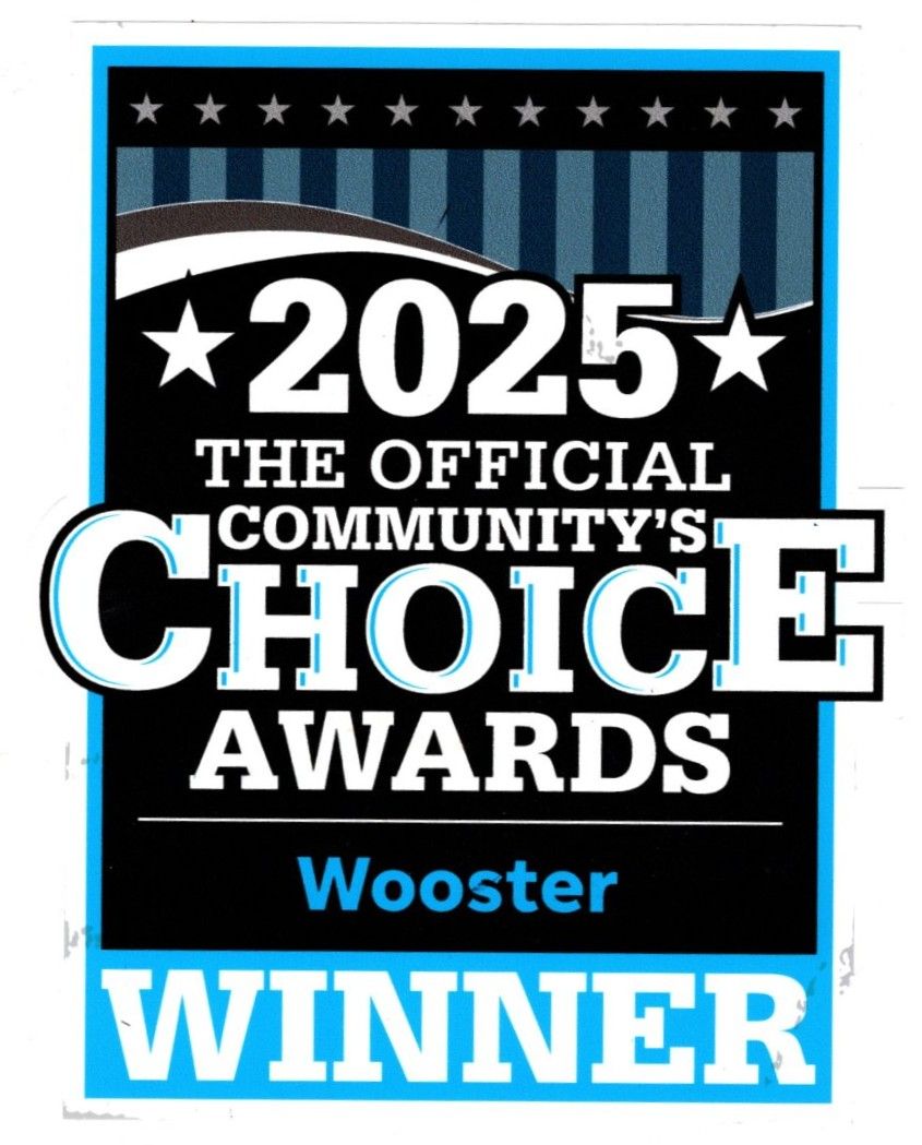 2025 Community's Choice Awards winner logo for Wooster. Features stars, a stylized vehicle, and blue and white text.
