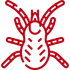 Red illustration of a tick with eight legs and a rounded body.