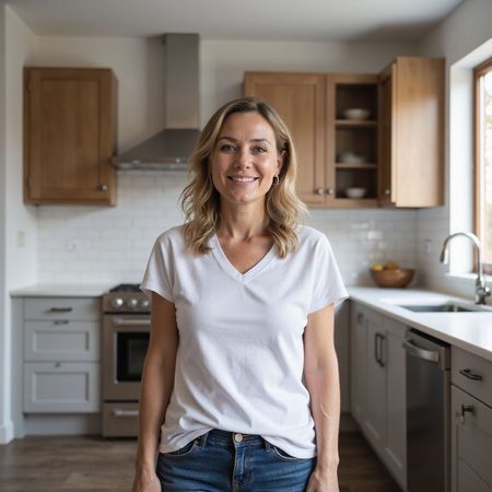 Woman in a white V-neck shirt smiling in a modern kitchen with light cabinets and stainless steel appliances.