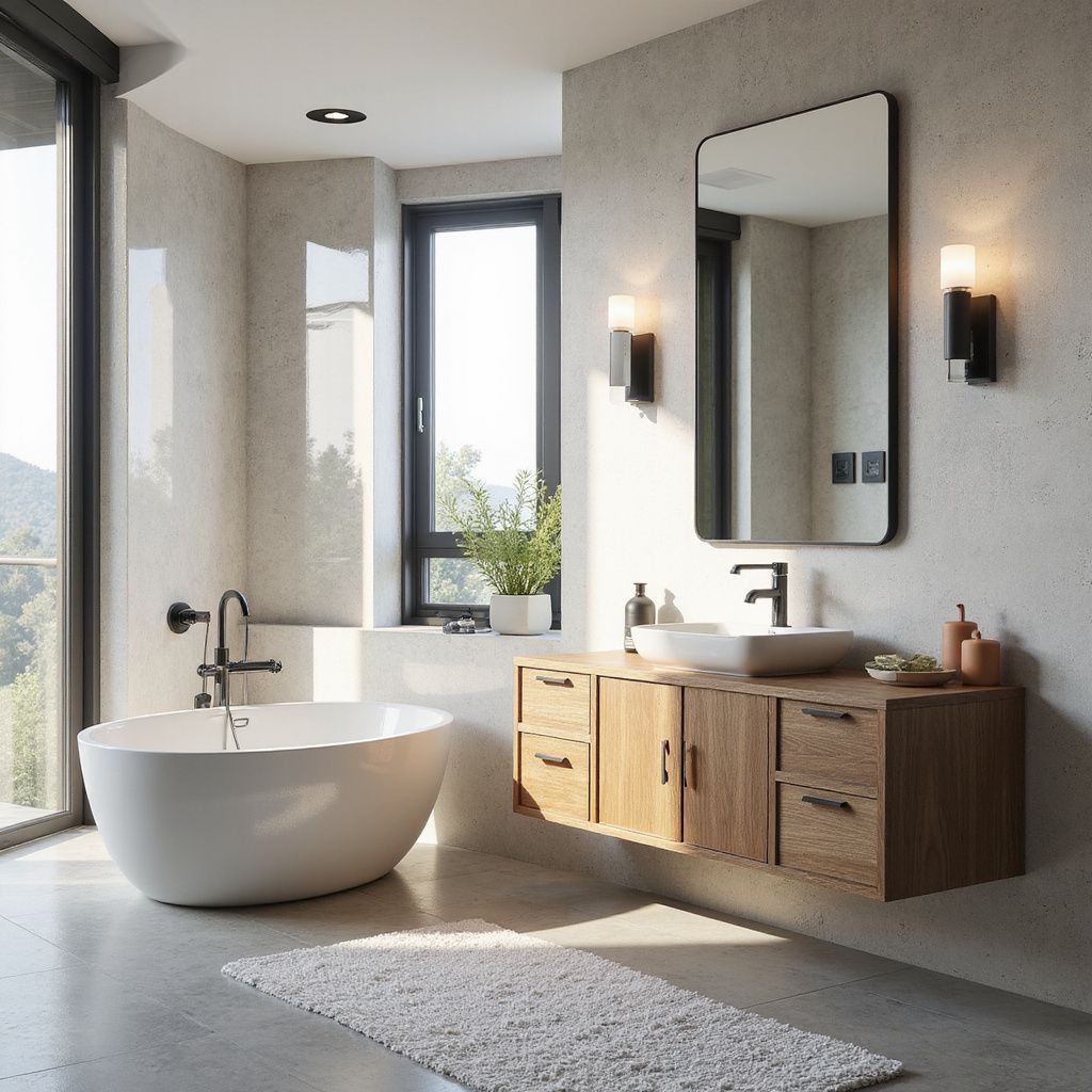 Modern bathroom with soaking tub, vanity, and large window. Neutral tones, natural light.