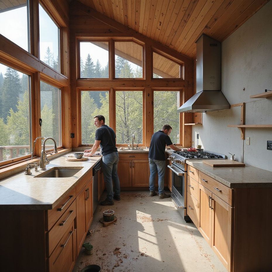 Two people in a wood-paneled kitchen with large windows. One washes dishes, the other near a stove.