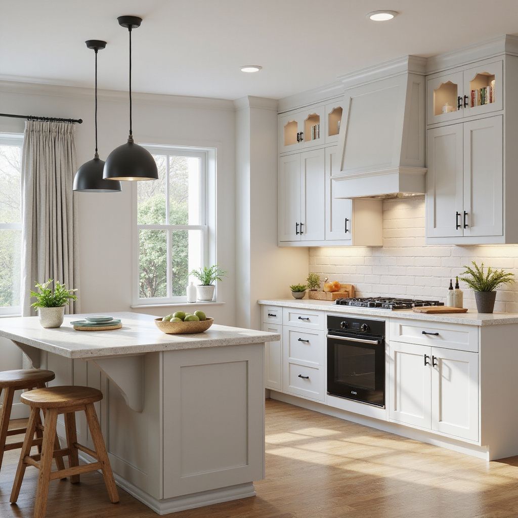 White kitchen with island, cabinets, oven, and pendant lights.