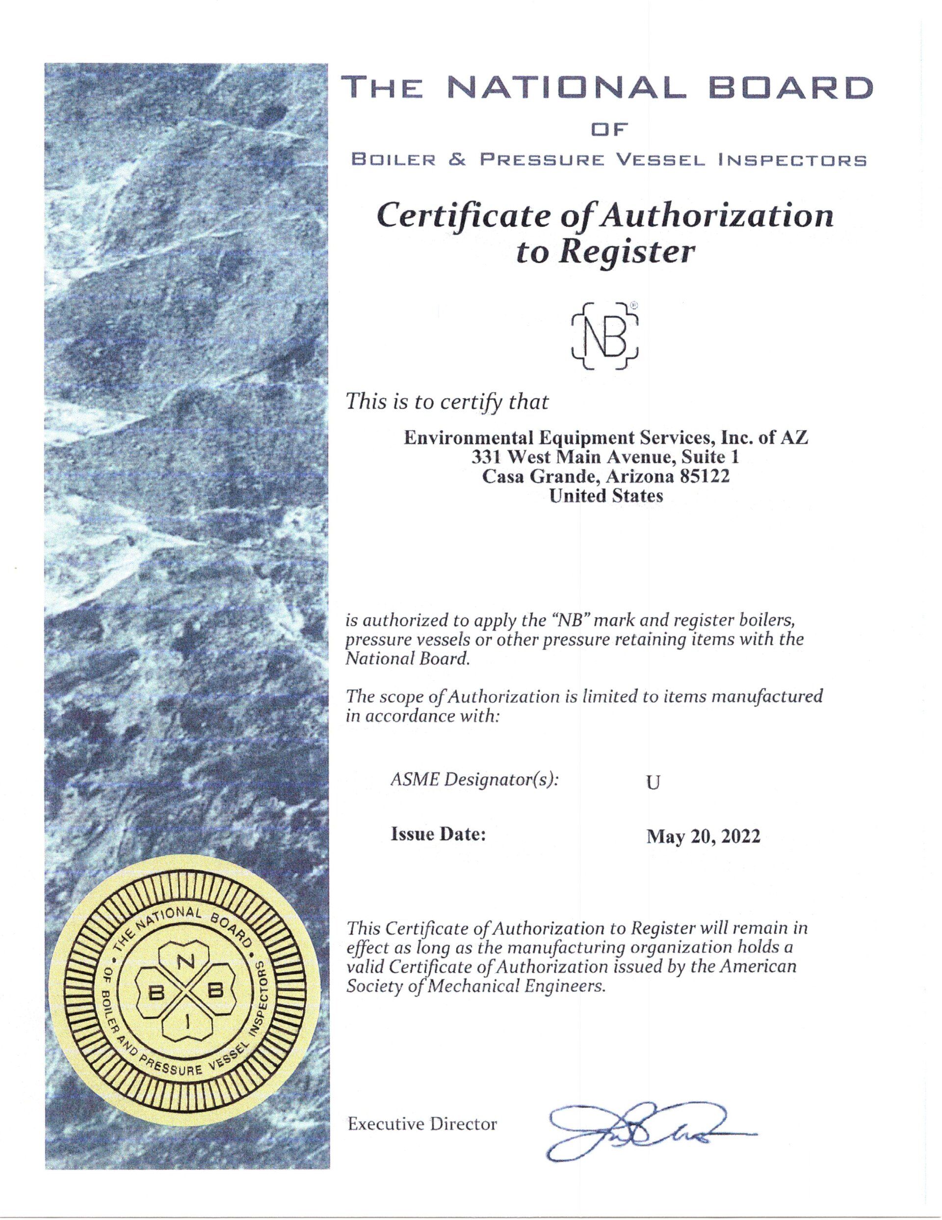 Stamped certificate of authorization to register