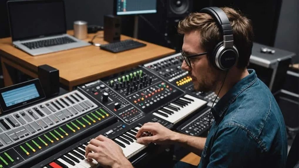 Man in headphones adjusting knobs on a music mixing console in a studio, with keyboards and monitors nearby