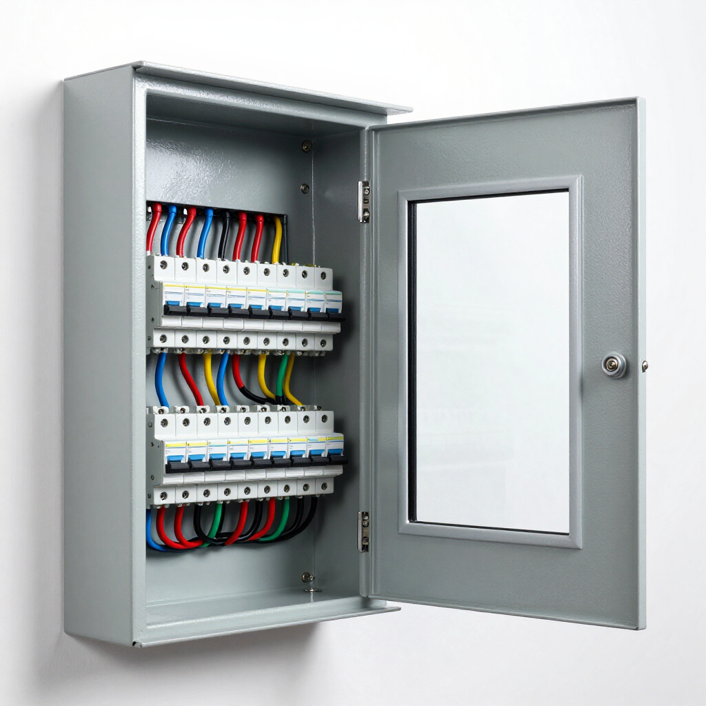 Open electrical control cabinet with rows of circuit breakers and colored wiring