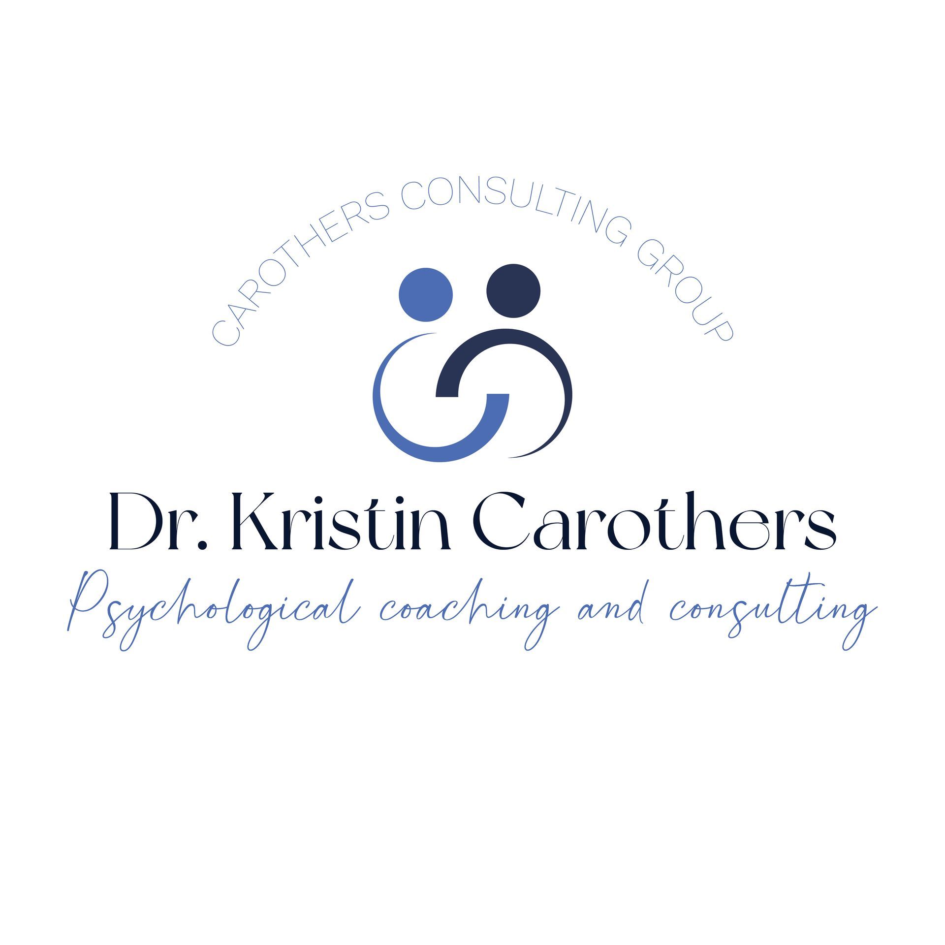 Logo for Dr. Kristin Carothers, a consulting group, with stylized blue and navy human figure icon, and business name in text.