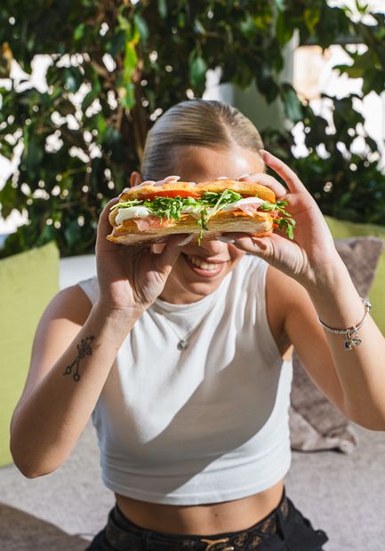 Fresh brunch focaccia sandwich  at Beauty Cafe Mykonos