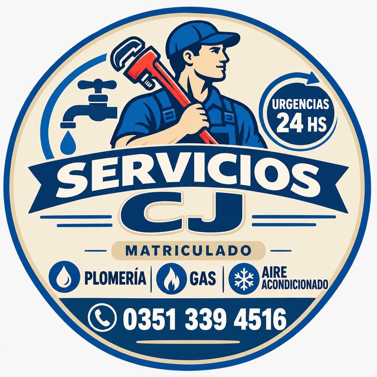 Logotipo azul y beige de “SERVICIOS CJ” con servicios de plomería, gas y aire acondicionado, y teléfono 0351 339 4516