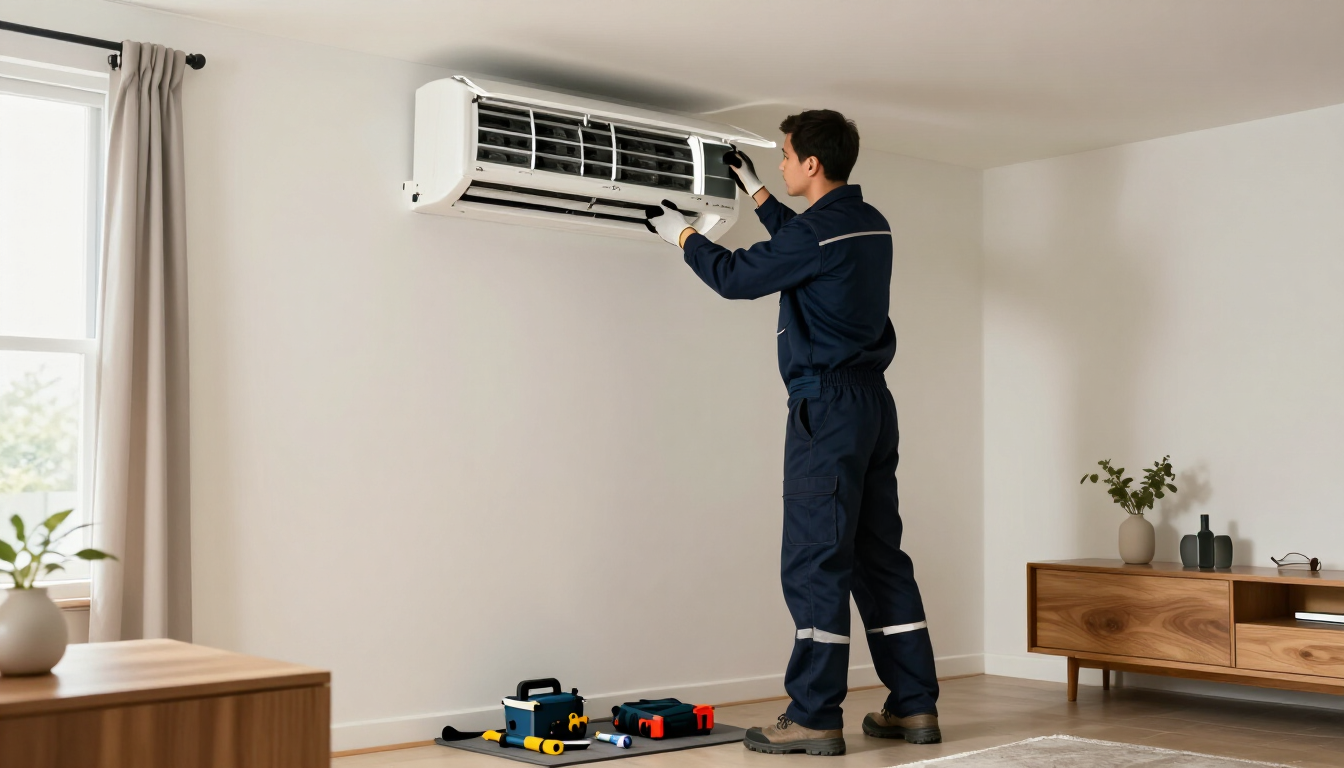 Un técnico reparando un aire acondicionado de pared en un salón luminoso