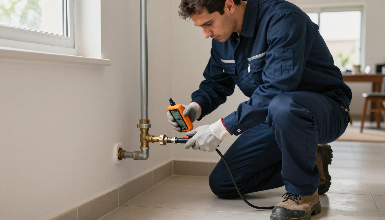 Un fontanero reparando una tubería bajo un lavabo de pared con una herramienta eléctrica en una habitación luminosa