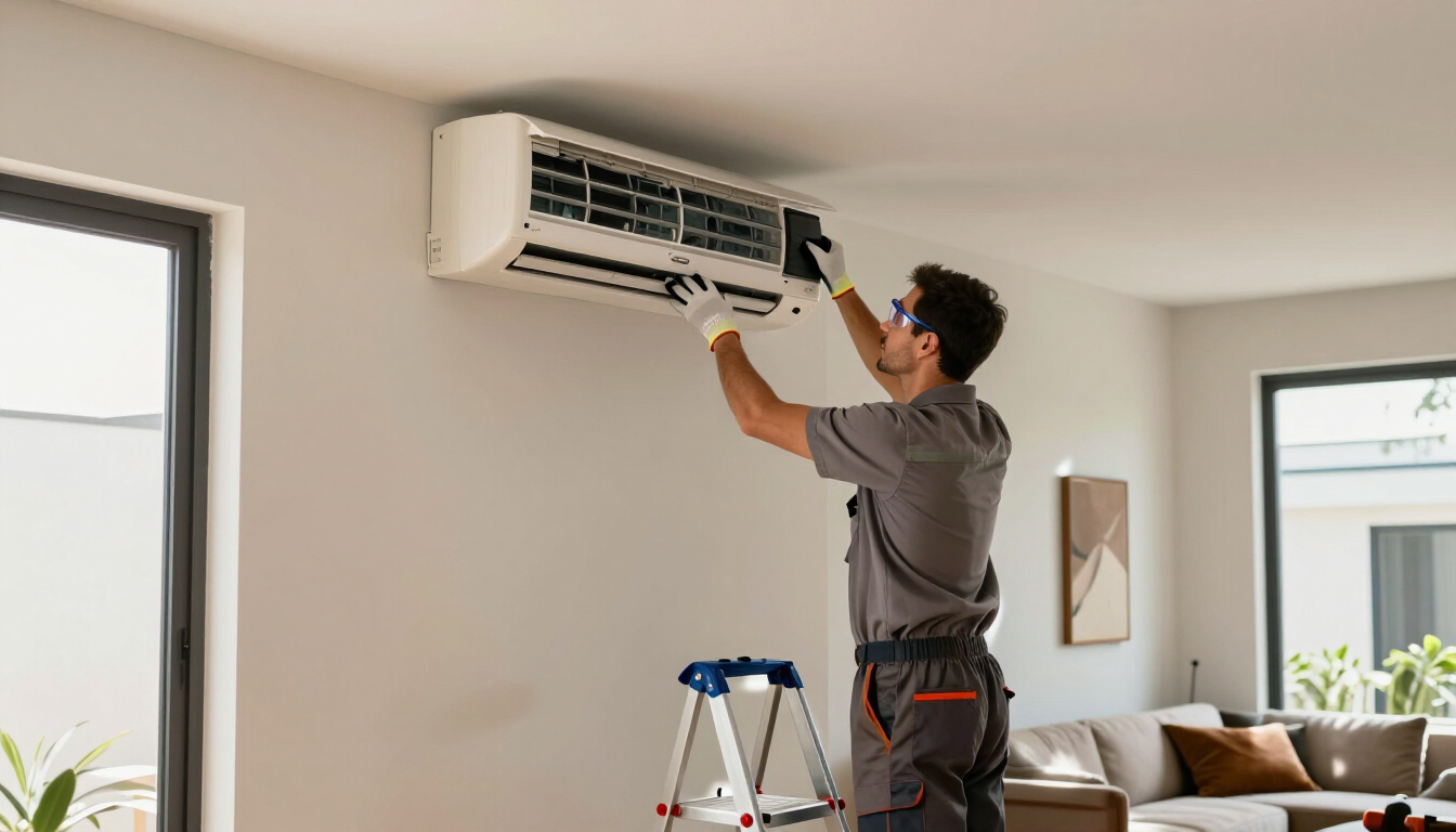 Técnico realizando el mantenimiento de un aire acondicionado de pared en una sala de estar luminosa