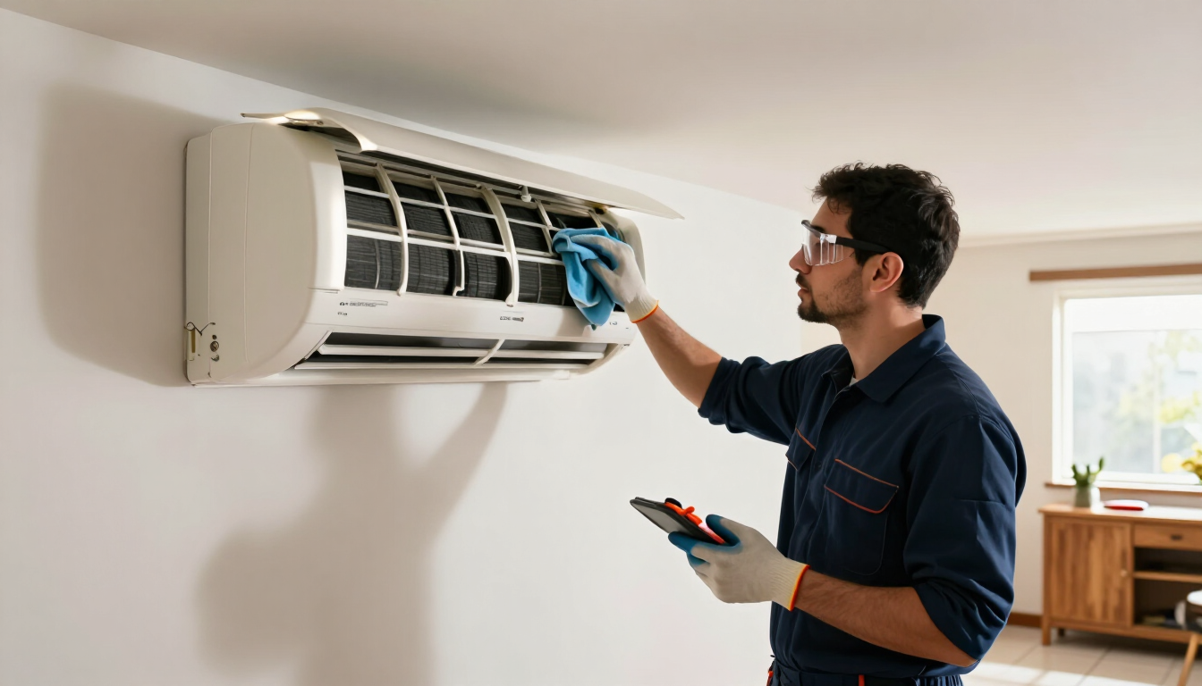 Técnico realizando mantenimiento preventivo de un aire acondicionado split