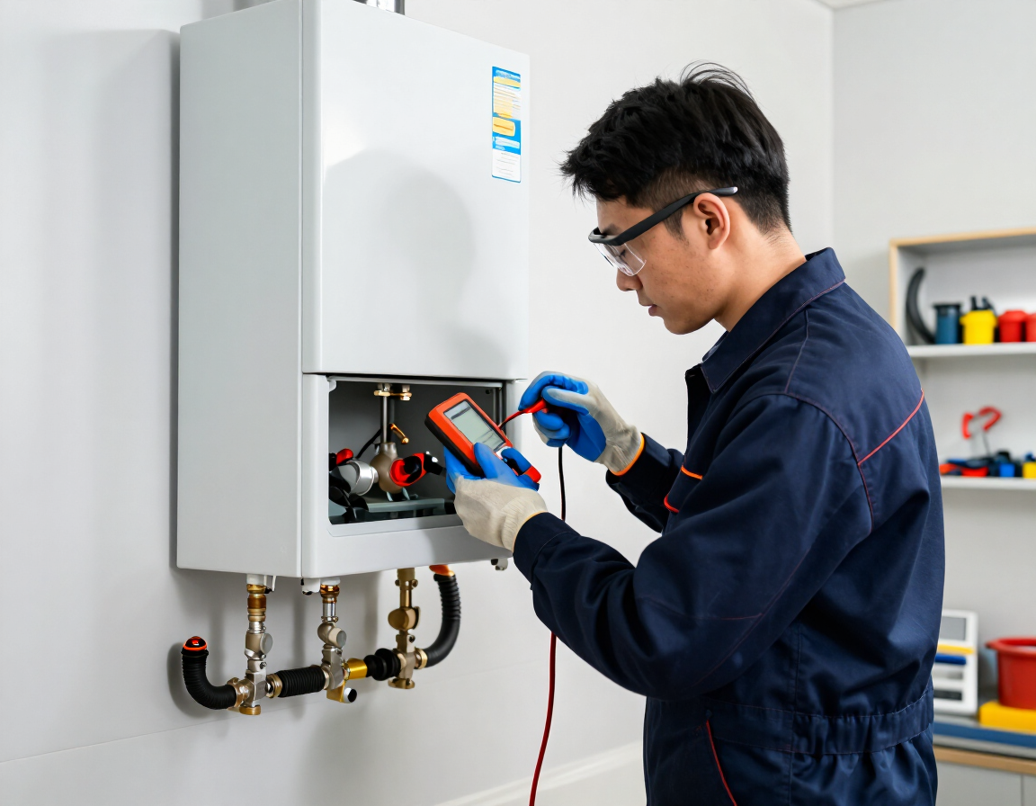 Técnico matriculado realizando mantenimiento de una caldera