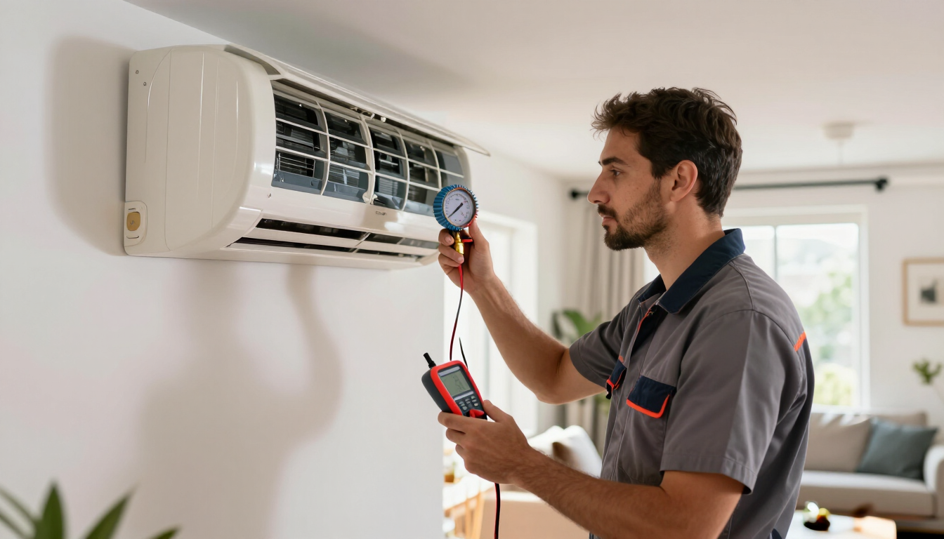Técnico verificando el funcionamiento de un aire acondicionado