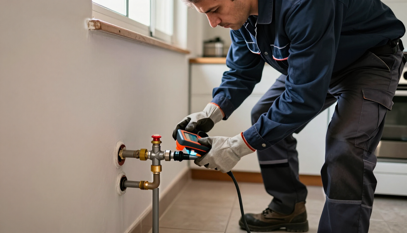 Técnico revisando una instalación de gas para detectar una fuga de gas en casa