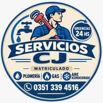 Logotipo circular azul y blanco de Servicios CJ para plomería, gas y aire acondicionado, con teléfono y servicio de urgencias las 24 horas.
