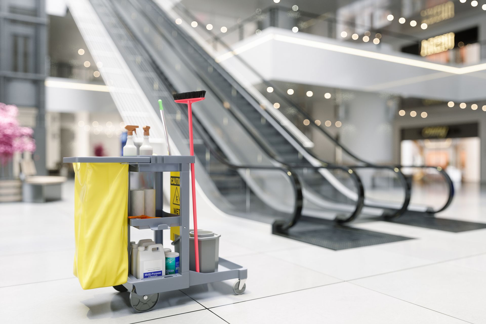 Carrello per le pulizie con prodotti in un centro commerciale, accanto a una scala mobile.