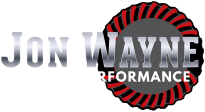 Jon Wayne Performance logo with gray text over a red-and-black circular gear design