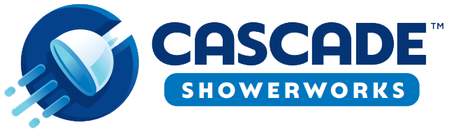 Cascade Showerworks logo with blue droplet icon and bold blue-and-teal text