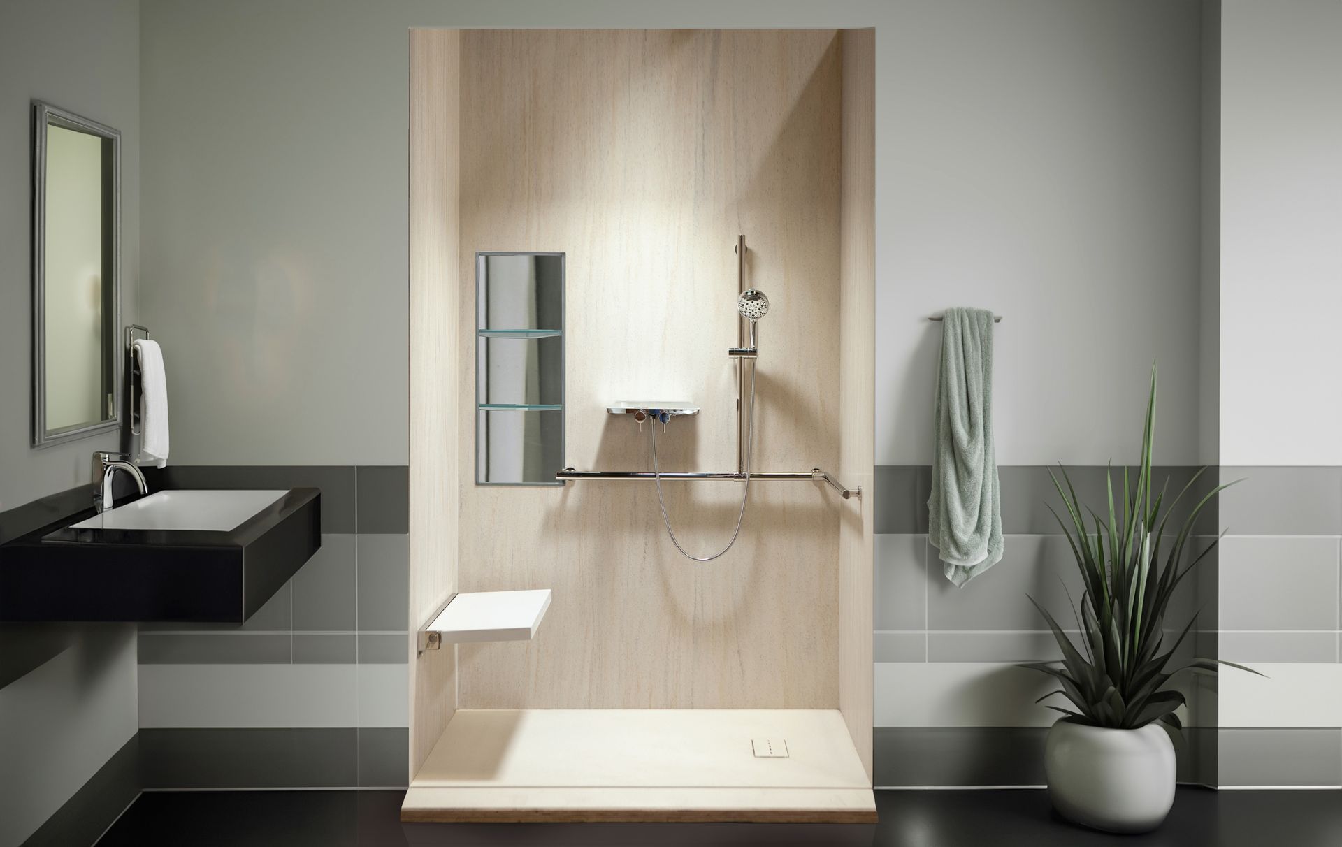 Modern bathroom with wood-paneled shower, black sink, mirror, towel, and potted plant