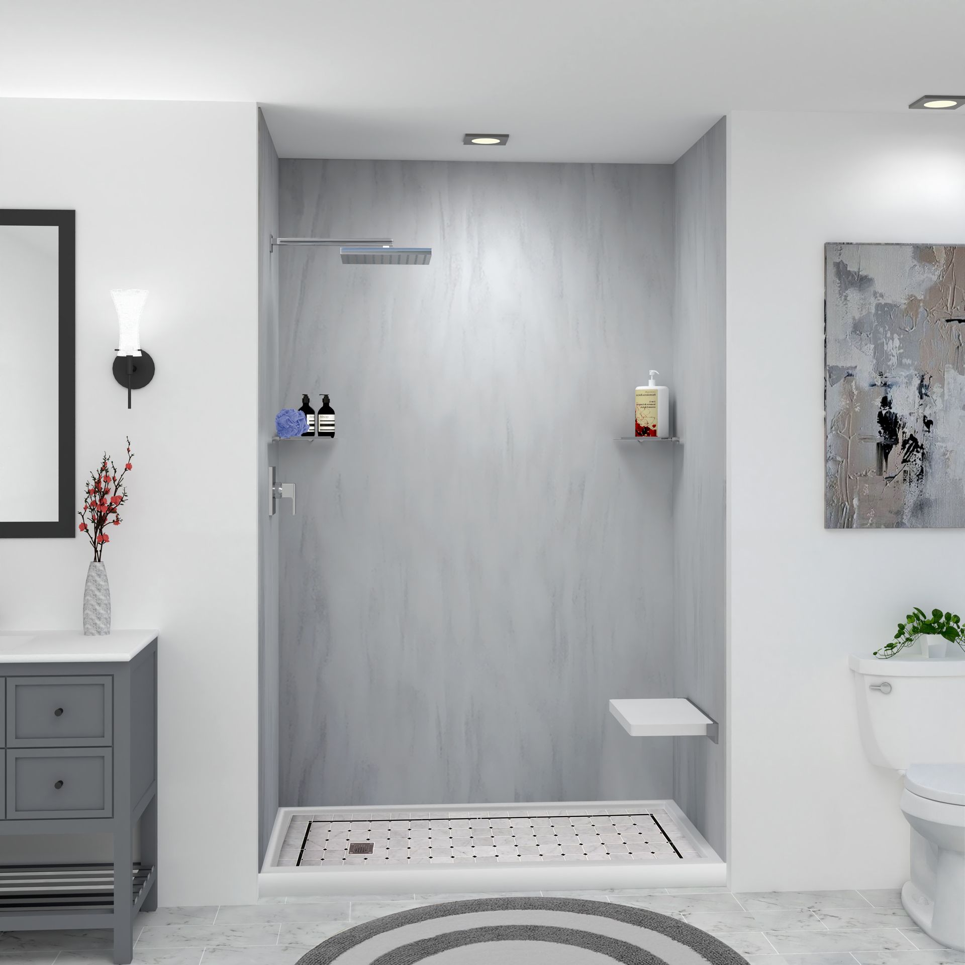 A split image of a Fulshear master bathroom showing the builder-grade gap: the original framed-glass acrylic shower insert a production builder installed, beside the Cascade Showerworks upgrade of floor-to-ceiling porcelain, frameless glass, and a rain head system. The image explains why so many Cross Creek Ranch and Fulbrook owners in Houston's fastest-growing city book a shower upgrade within their first years of ownership, completed in one day with a lifetime transferable warranty.