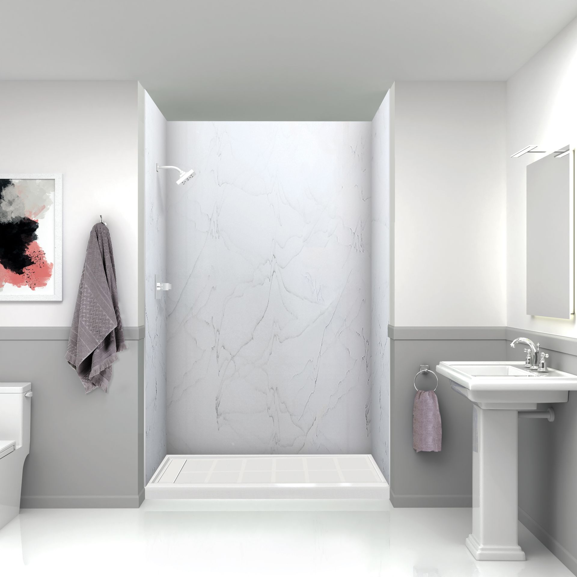 A curbless, barrier-free walk-in shower installed in a Tanglewood home, with frameless glass panels, slip-resistant flooring, a fold-down teak bench, stainless grab bars, and a low-maintenance acrylic wall system. The aging-in-place design removes the step-over tub wall for safer entry. Cascade Showerworks builds ADA-friendly walk-in showers like this in about one day for Tanglewood homeowners and across Greater Houston.