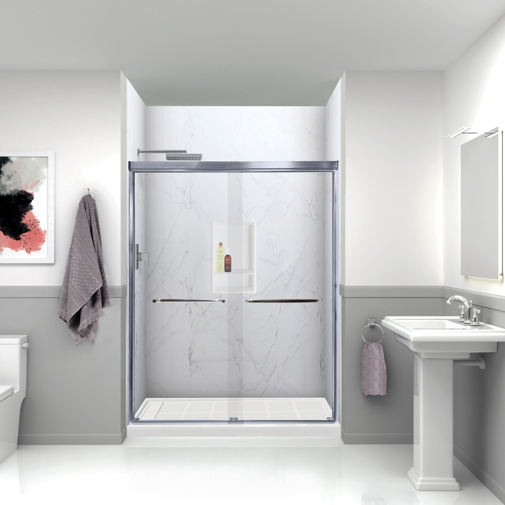 A safety-focused walk-in shower installed by Cascade Showerworks for aging in place in a The Woodlands home, showing stainless grab bars anchored into solid wood blocking, a fold-down teak bench, a handheld shower head on an adjustable slide bar, slip-resistant flooring, and a zero-step curbless entry. The image reflects CDC guidance that more than 80 percent of senior fall injuries happen in the bathroom, and shows how a properly built walk-in shower removes those hazards for The Woodlands homeowners.