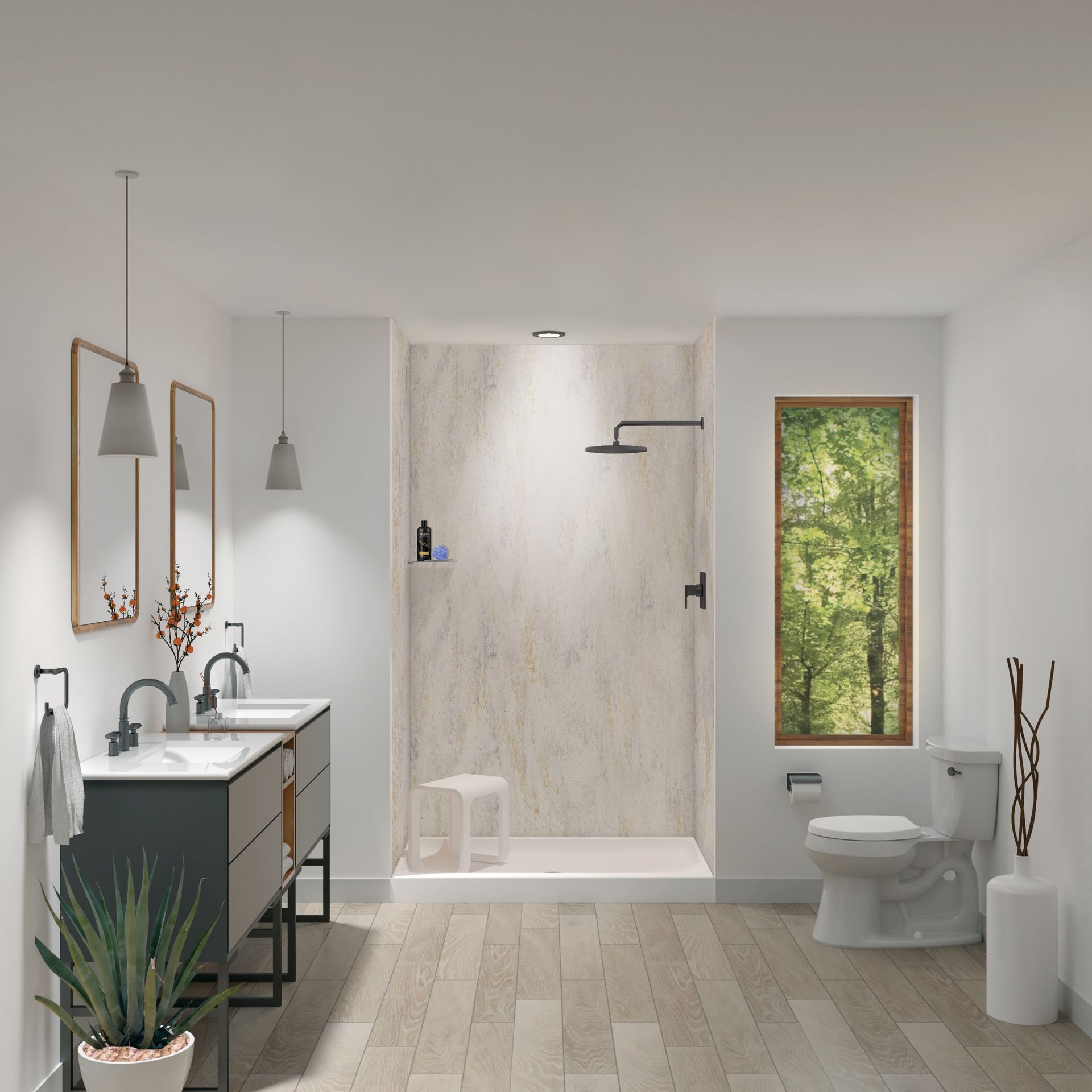 Modern bathroom with a double vanity, walk-in shower, toilet, and a tall window overlooking greenery
