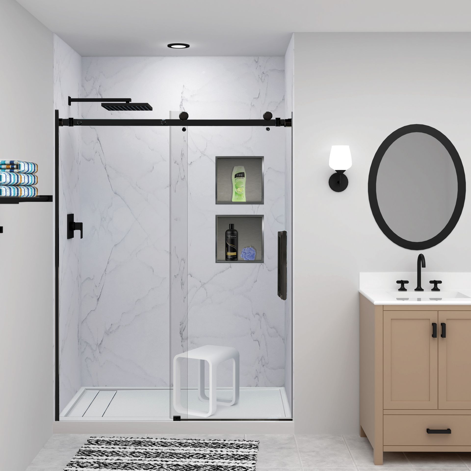 A River Oaks installer sets a low-maintenance acrylic shower wall system against the studs during a shower remodel, with a custom tile shower shown alongside for comparison. The image contrasts the two main wall options homeowners weigh: fast, mold-resistant, grout-free acrylic that installs in a single day, versus fully custom tile that costs more, takes several days to a week, and needs ongoing grout cleaning and sealing to stay looking new.