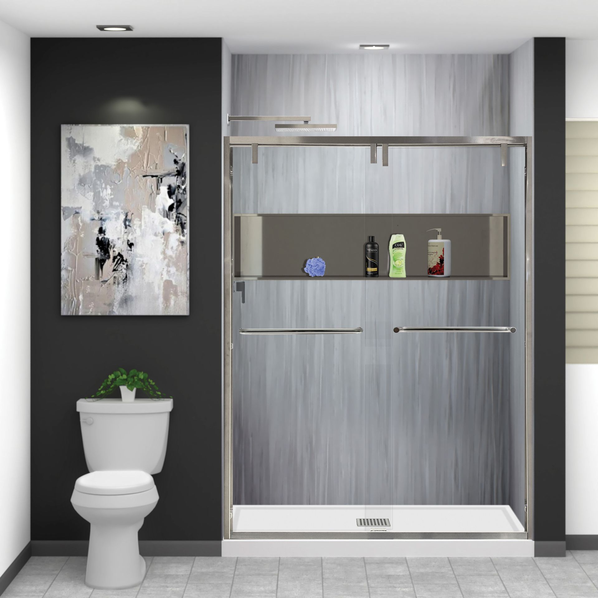 Modern bathroom with a toilet, plant, wall art, and a built-in shower or storage cabinet in gray tones
